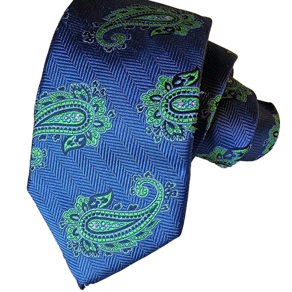Ike Behar Navy Green Paisley Textured Repp Silk Tie 59"